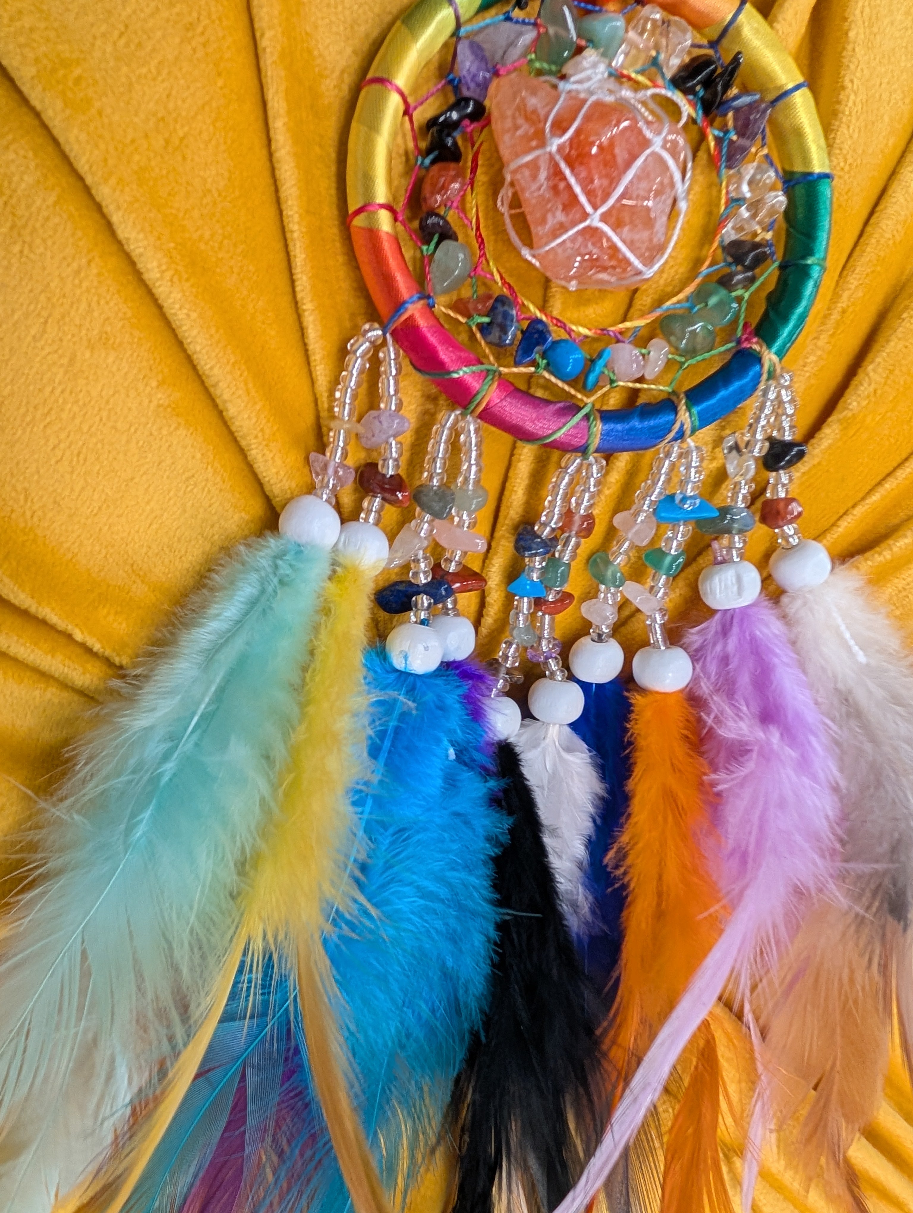 Rainbow Unity Dream Catcher with Himalayan Pink Salt Stone