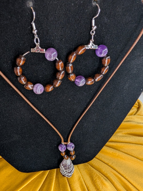 Bohemian amethyst earring and necklace set with silver accent