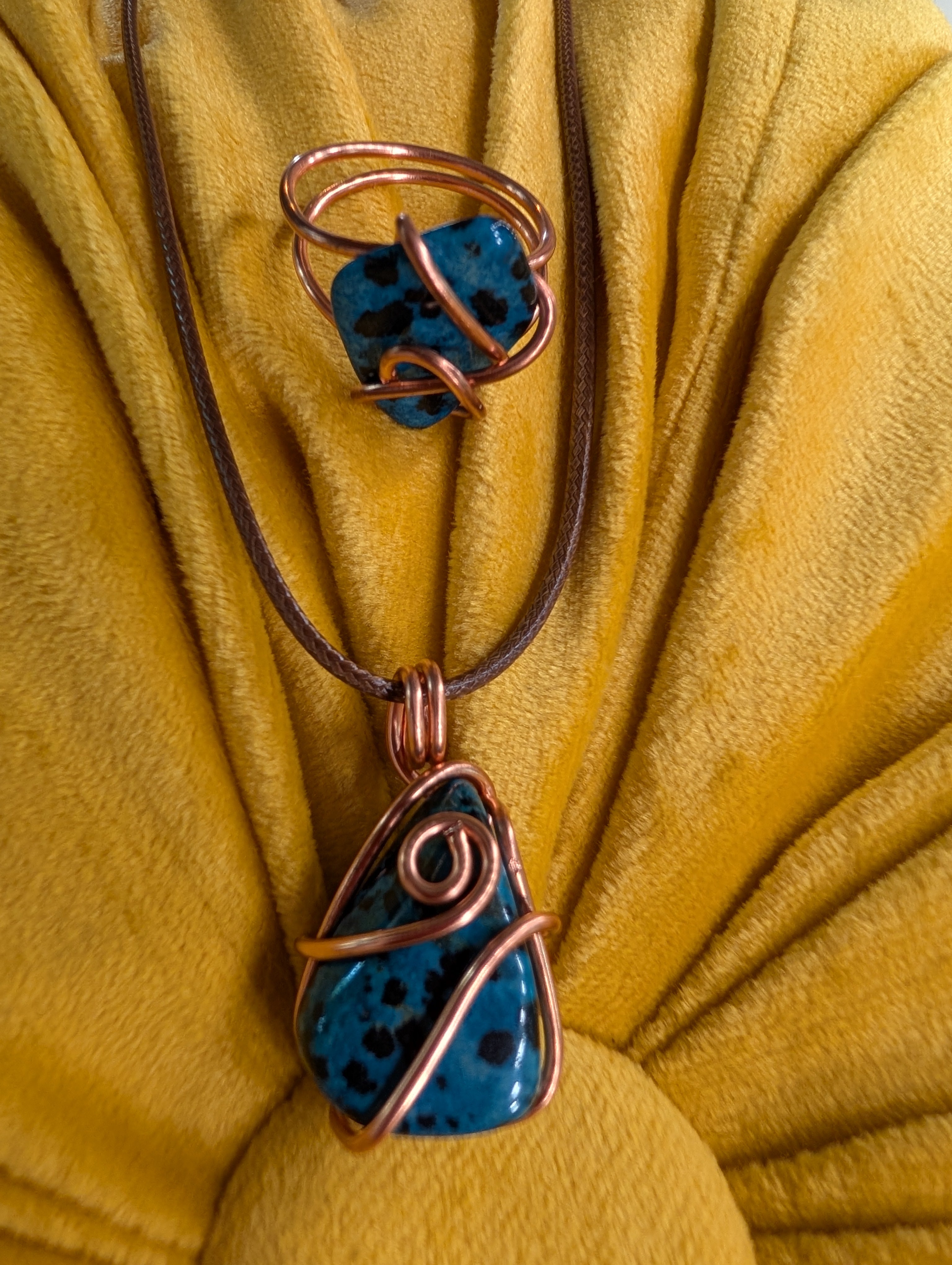Blue Dalmatian Jasper Ring and Necklace Set