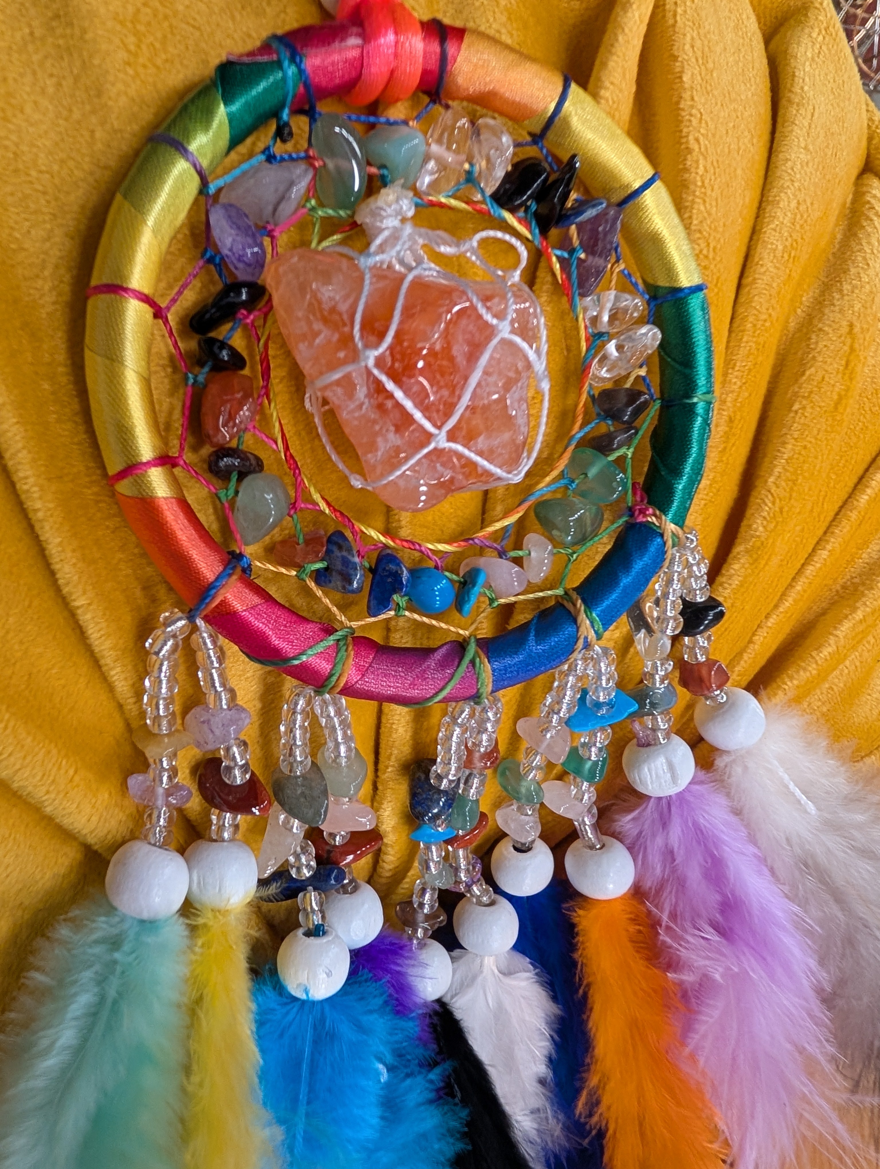 Rainbow Unity Dream Catcher with Himalayan Pink Salt Stone